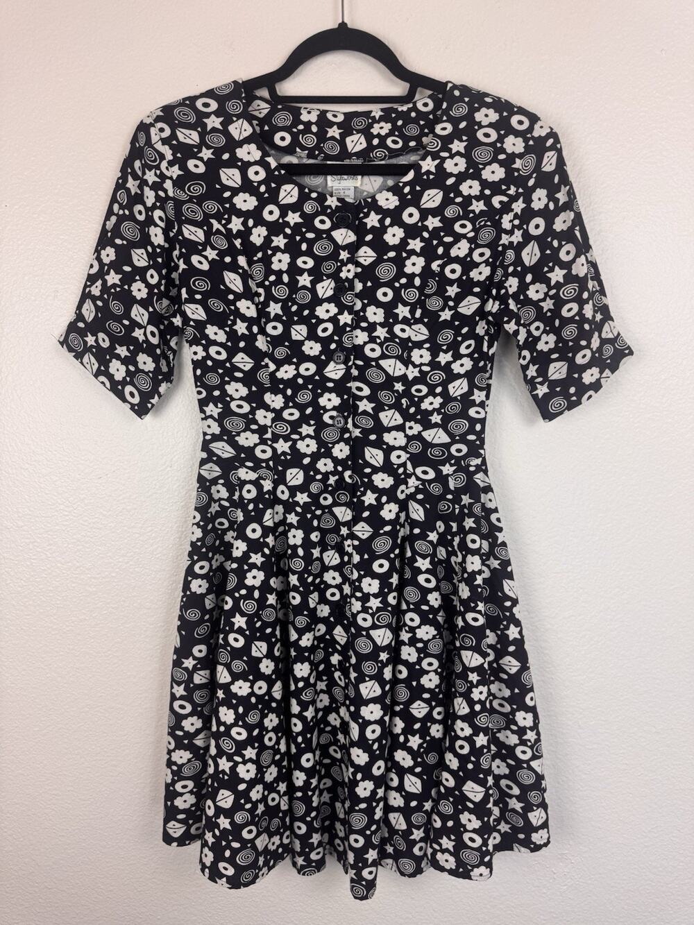 Vintage 90s Styleworks Floral Fit And Flare Mini Skater Dress Black Cream 4